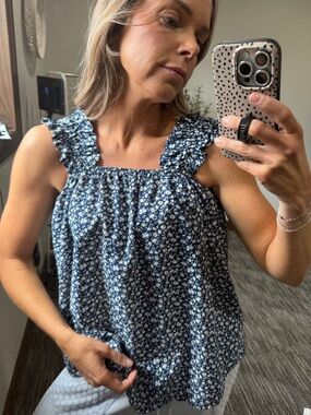 Navy Blue Floral Ruffle Strap Top